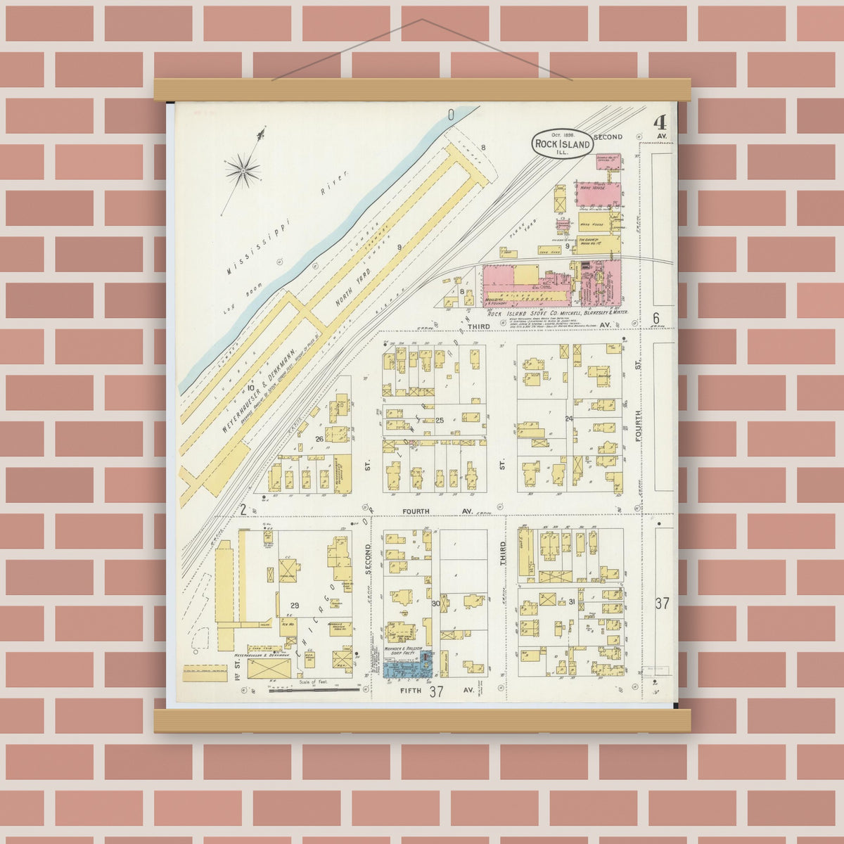Old map wall art mockup — magnetic wood frame on brick wall — Sanborn Fire Insurance Map from Rock Island, Rock Island County, Illinois (1898), Sheet #0004