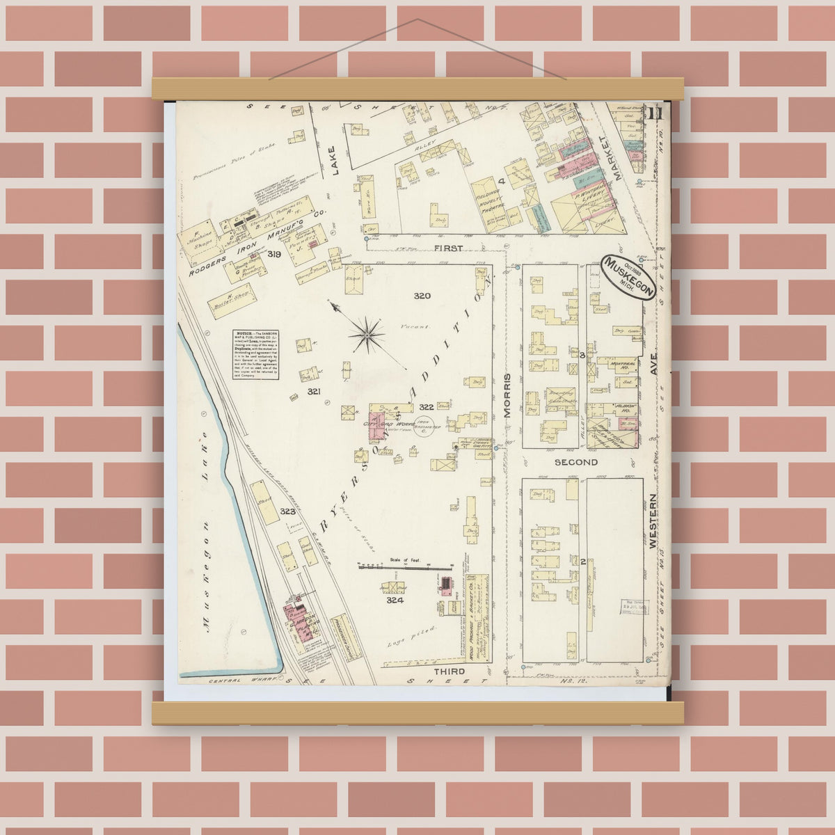 Old map wall art mockup — magnetic wood frame on brick wall — Sanborn Fire Insurance Map from Muskegon, Muskegon County, Michigan (1883), Sheet #0011
