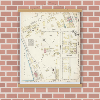 Old map wall art mockup — magnetic wood frame on brick wall — Sanborn Fire Insurance Map from Muskegon, Muskegon County, Michigan (1883), Sheet #0011