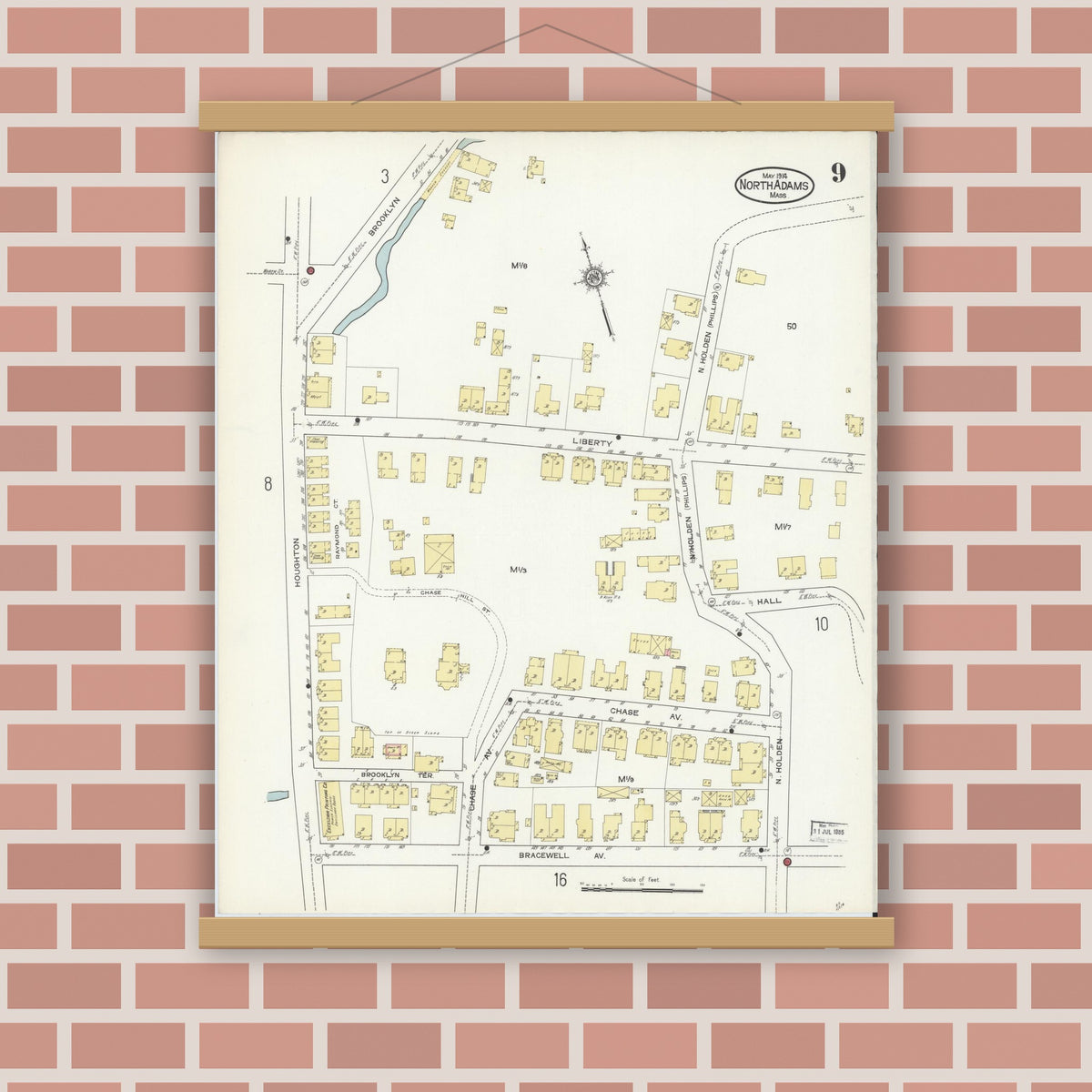 Old map wall art mockup — magnetic wood frame on brick wall — Sanborn Fire Insurance Map from North Adams, Berkshire County, Massachusetts (1914), Sheet #0009