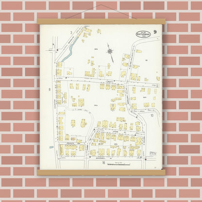 Old map wall art mockup — magnetic wood frame on brick wall — Sanborn Fire Insurance Map from North Adams, Berkshire County, Massachusetts (1914), Sheet #0009