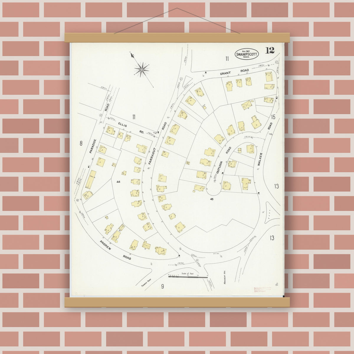 Old map wall art mockup — magnetic wood frame on brick wall — Sanborn Fire Insurance Map from Swampscott, Essex County, Massachusetts (1907), Sheet #0012