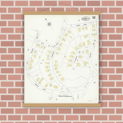Old map wall art mockup — magnetic wood frame on brick wall — Sanborn Fire Insurance Map from Swampscott, Essex County, Massachusetts (1907), Sheet #0012
