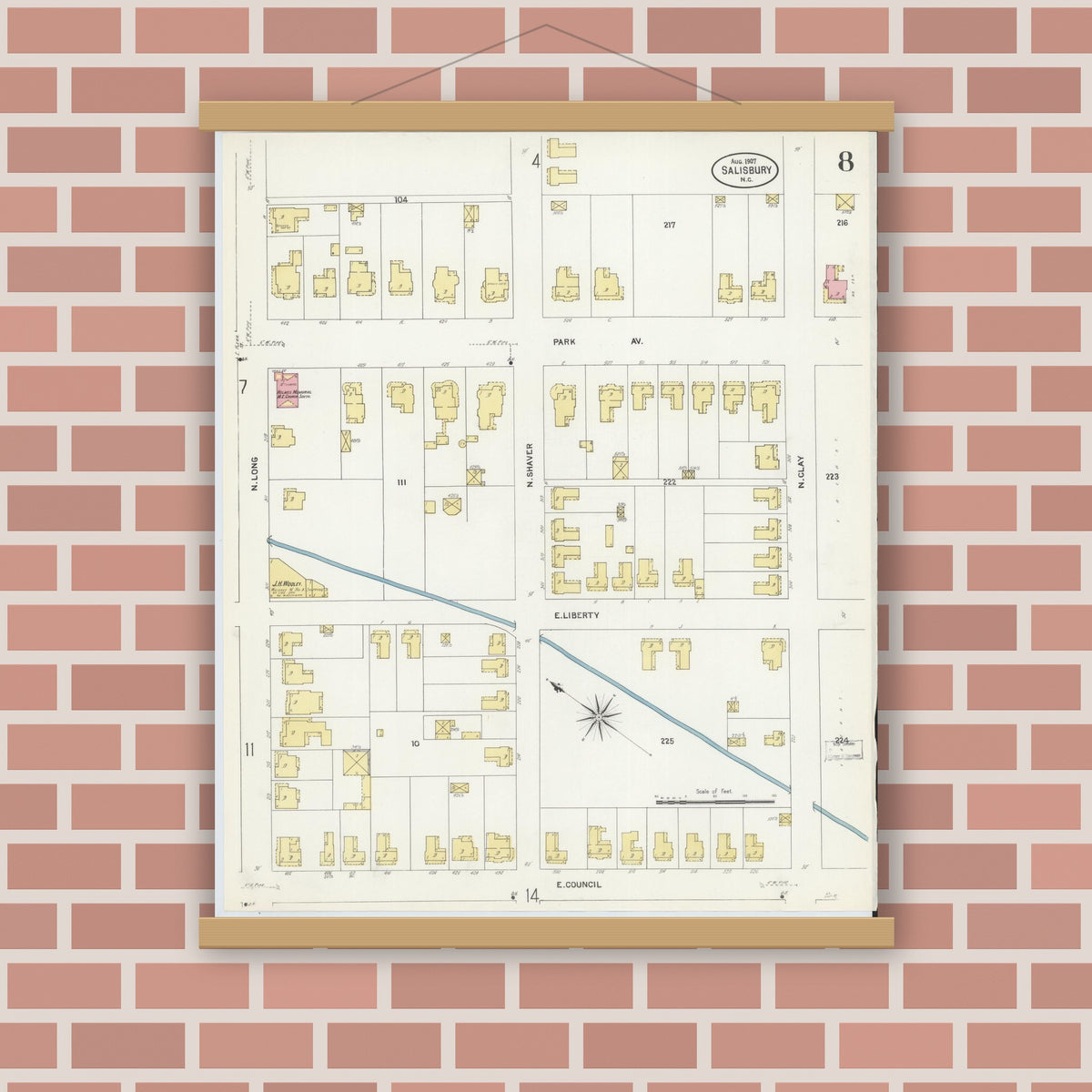 Old map wall art mockup — magnetic wood frame on brick wall — Sanborn Fire Insurance Map from Salisbury, Rowan County, North Carolina (1907), Sheet #0008
