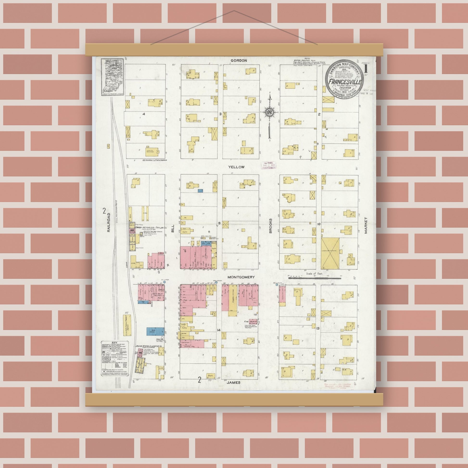 Old map wall art mockup — magnetic wood frame on brick wall — Sanborn Fire Insurance Map from Francesville, Pulaski County, Indiana (1912) - Complete Map Set