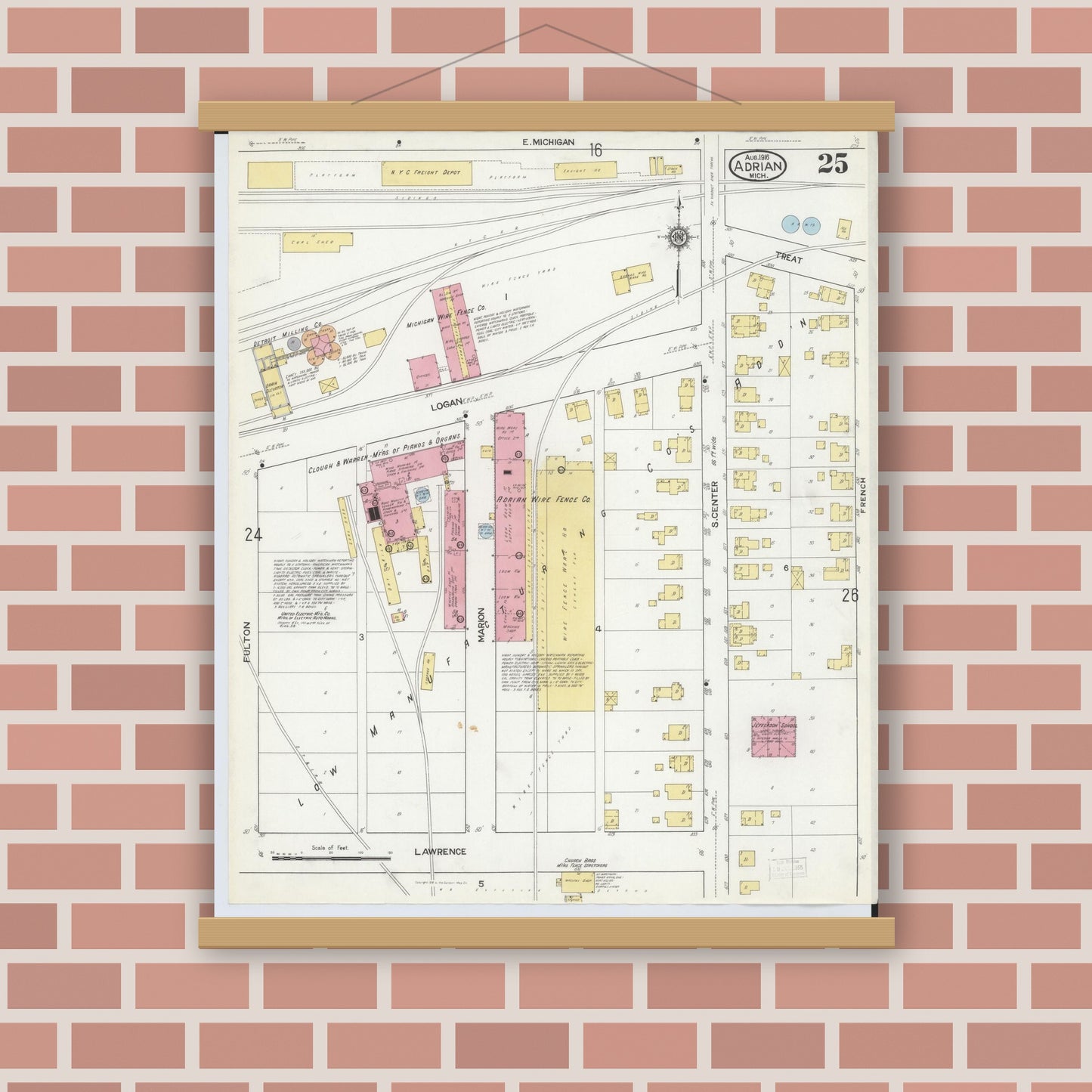 Old map wall art mockup — magnetic wood frame on brick wall — Sanborn Fire Insurance Map from Adrian, Lenawee County, Michigan (1916), Sheet #0025