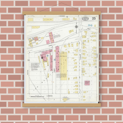 Old map wall art mockup — magnetic wood frame on brick wall — Sanborn Fire Insurance Map from Adrian, Lenawee County, Michigan (1916), Sheet #0025