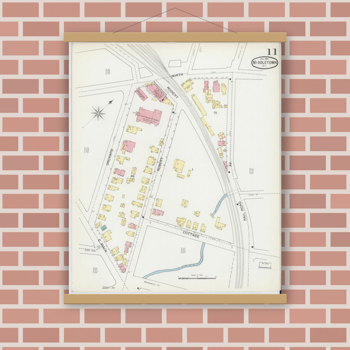 Old map wall art mockup — magnetic wood frame on brick wall — Sanborn Fire Insurance Map from Middletown, Orange County, New York (1892), Sheet #0011