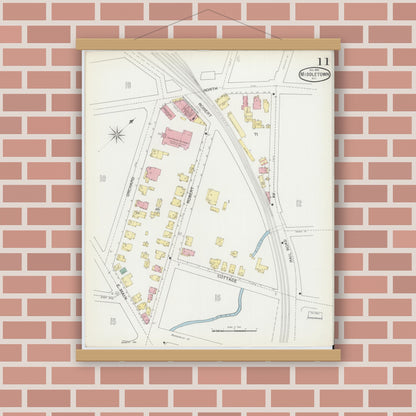 Old map wall art mockup — magnetic wood frame on brick wall — Sanborn Fire Insurance Map from Middletown, Orange County, New York (1892), Sheet #0011
