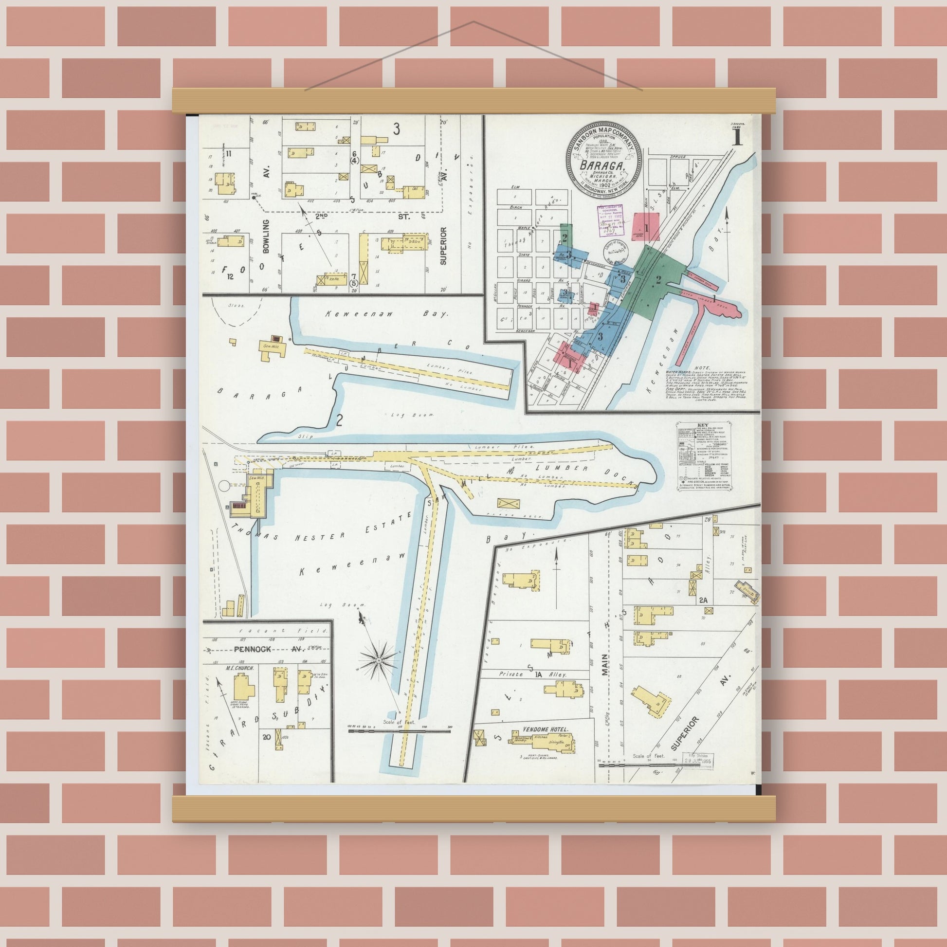 Old map wall art mockup — magnetic wood frame on brick wall — Sanborn Fire Insurance Map from Baraga, Baraga County, Michigan (1902) - Complete Map Set