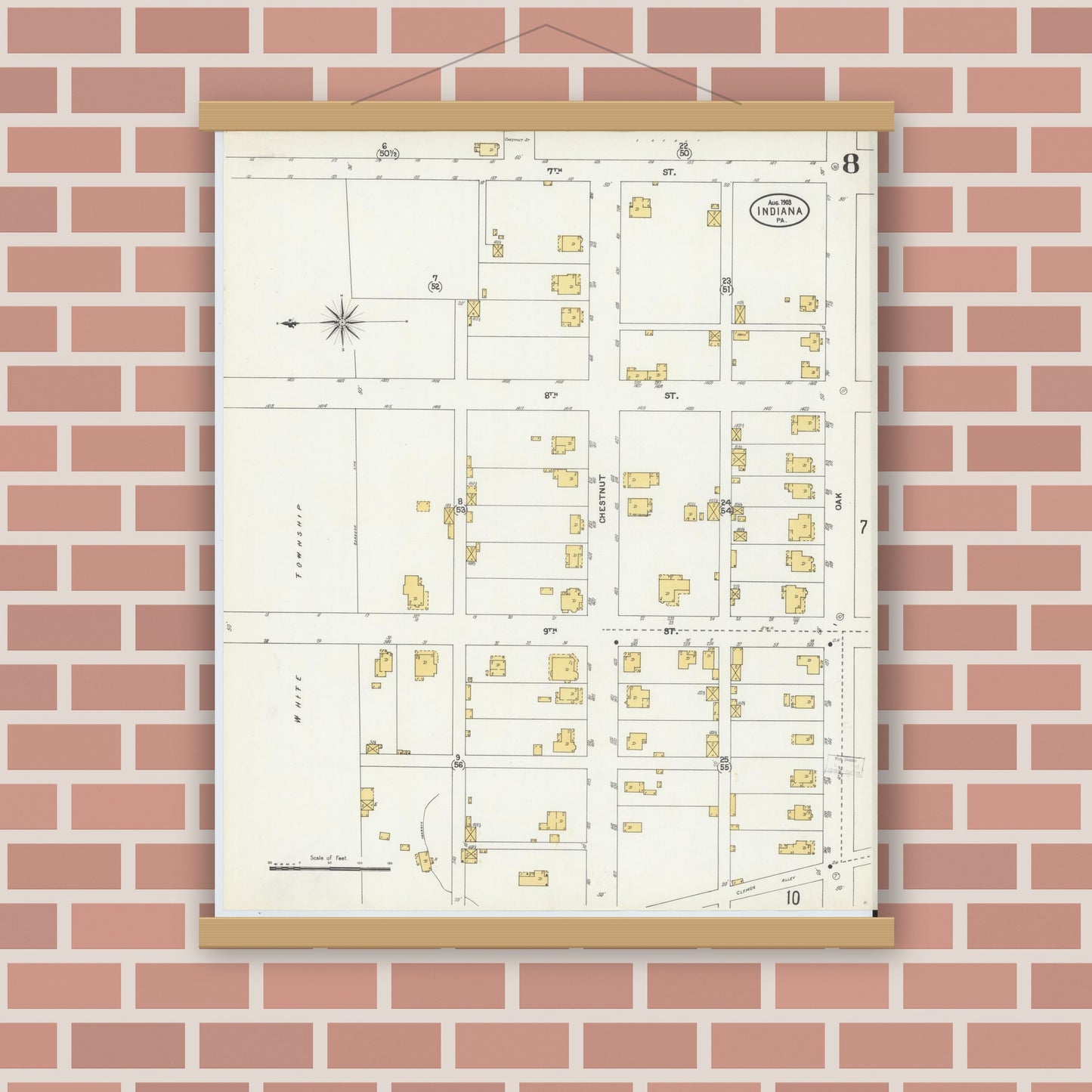 Old map wall art mockup — magnetic wood frame on brick wall — Sanborn Fire Insurance Map from Indiana, Indiana County, Pennsylvania (1903), Sheet #0008