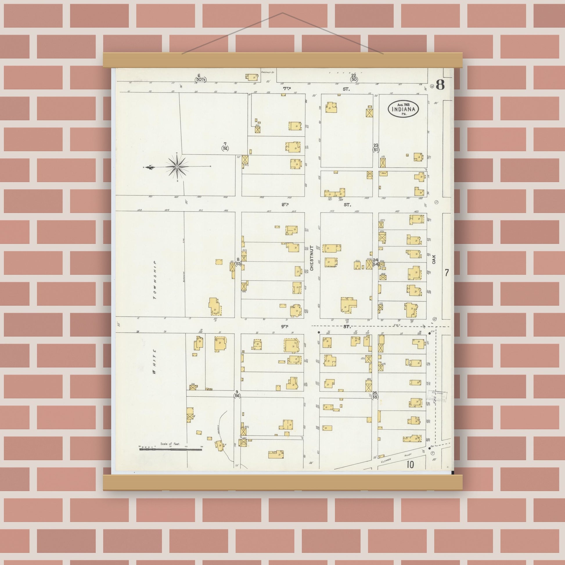 Old map wall art mockup — magnetic wood frame on brick wall — Sanborn Fire Insurance Map from Indiana, Indiana County, Pennsylvania (1903), Sheet #0008