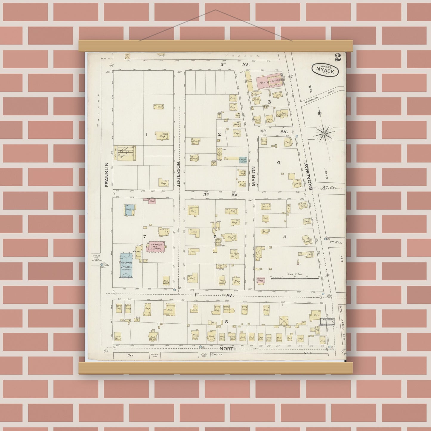 Old map wall art mockup — magnetic wood frame on brick wall — Sanborn Fire Insurance Map from Nyack, Rockland County, New York. (1887), Sheet #0002