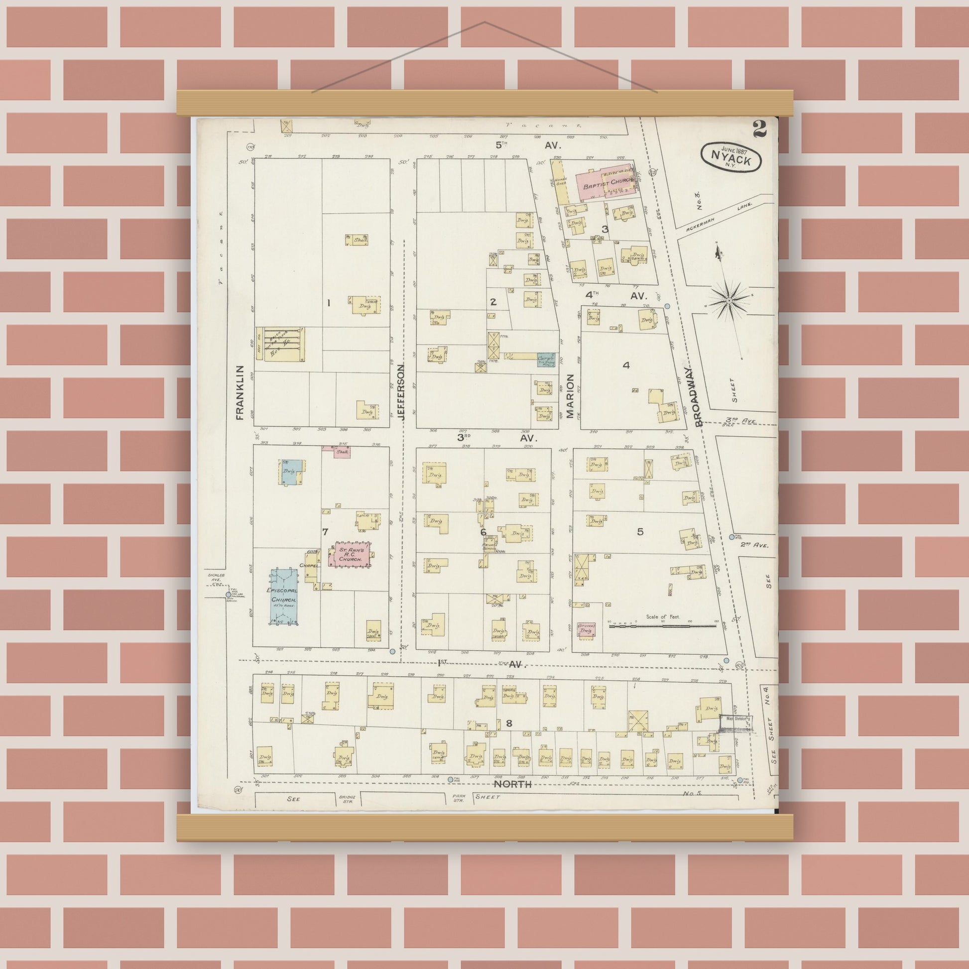 Old map wall art mockup — magnetic wood frame on brick wall — Sanborn Fire Insurance Map from Nyack, Rockland County, New York. (1887), Sheet #0002