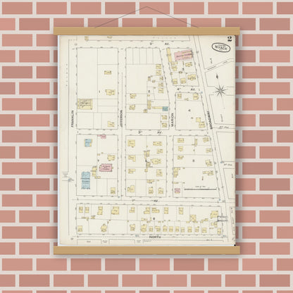 Old map wall art mockup — magnetic wood frame on brick wall — Sanborn Fire Insurance Map from Nyack, Rockland County, New York. (1887), Sheet #0002