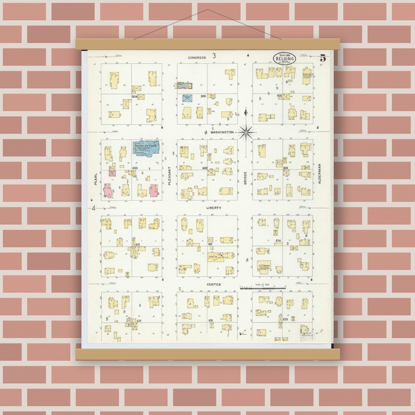 Old map wall art mockup — magnetic wood frame on brick wall — Sanborn Fire Insurance Map from Belding, Ionia County, Michigan (1908), Sheet #0005