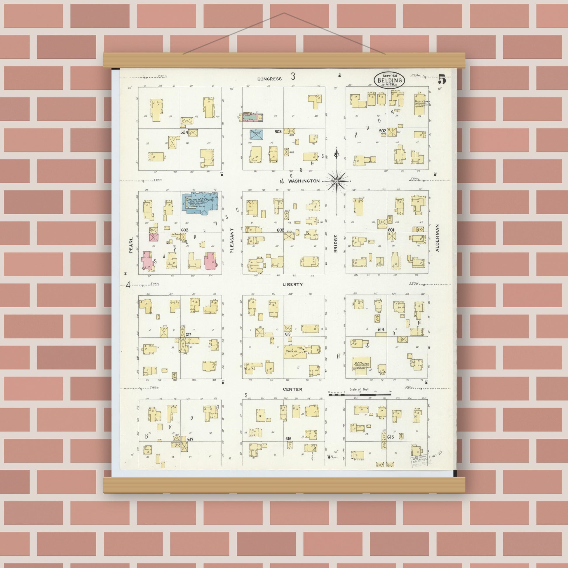 Old map wall art mockup — magnetic wood frame on brick wall — Sanborn Fire Insurance Map from Belding, Ionia County, Michigan (1908), Sheet #0005