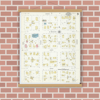 Old map wall art mockup — magnetic wood frame on brick wall — Sanborn Fire Insurance Map from Belding, Ionia County, Michigan (1908), Sheet #0005