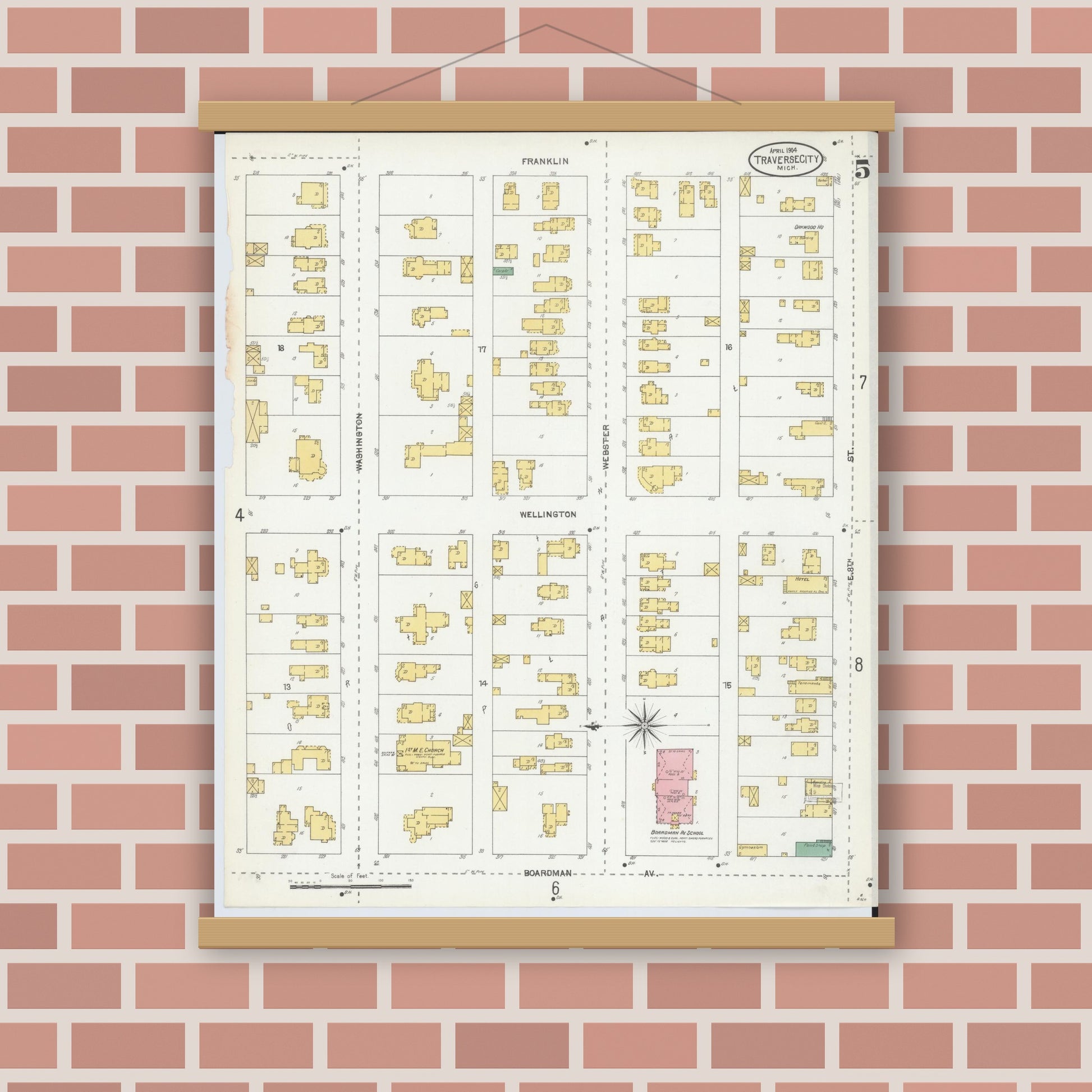 Old map wall art mockup — magnetic wood frame on brick wall — Sanborn Fire Insurance Map from Traverse City, Grand Traverse County, Michigan (1904), Sheet #0005