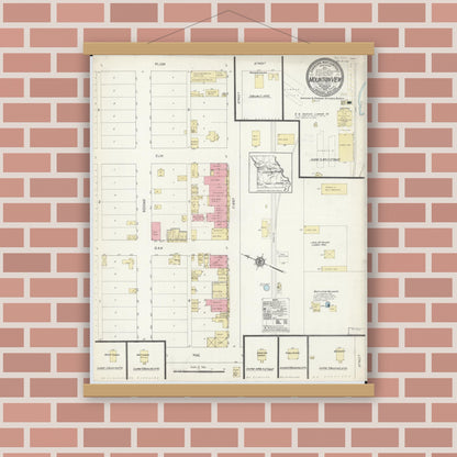 Old map wall art mockup — magnetic wood frame on brick wall — Sanborn Fire Insurance Map from Mountain View, Howell County, Missouri (1912), Sheet #0001