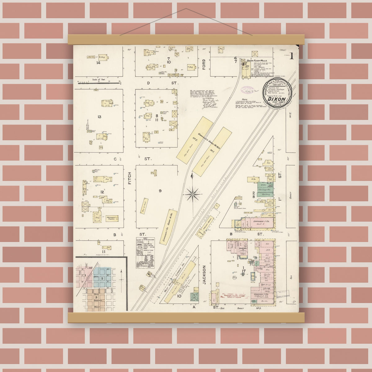 Old map wall art mockup — magnetic wood frame on brick wall — Sanborn Fire Insurance Map from Dixon, Solano County, California (1888), Sheet #0001