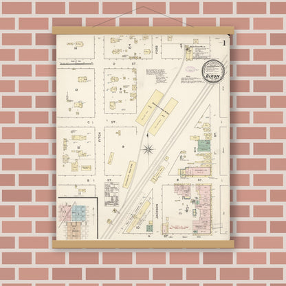 Old map wall art mockup — magnetic wood frame on brick wall — Sanborn Fire Insurance Map from Dixon, Solano County, California (1888), Sheet #0001