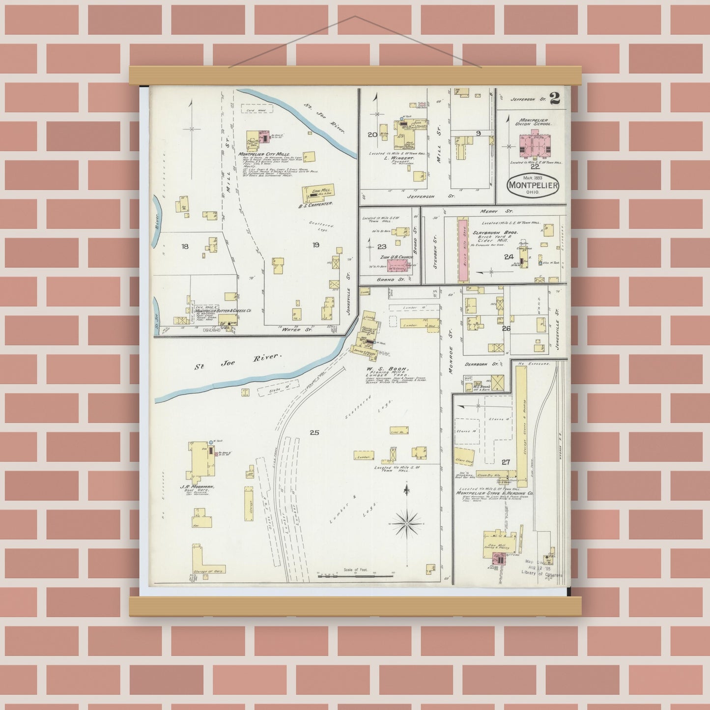 Old map wall art mockup — magnetic wood frame on brick wall — Sanborn Fire Insurance Map from Montpelier, Williams County, Ohio (1893), Sheet #0002