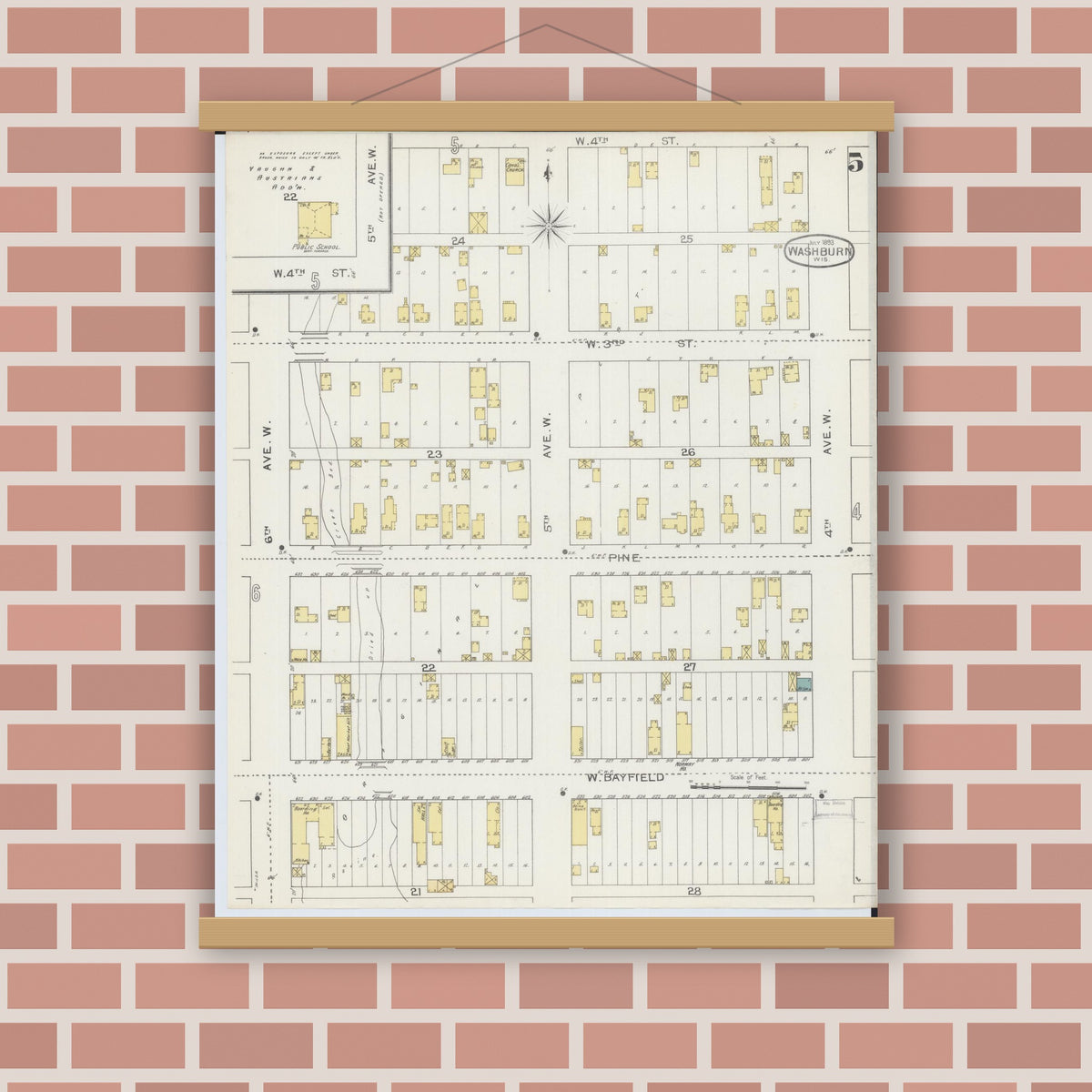 Old map wall art mockup — magnetic wood frame on brick wall — Sanborn Fire Insurance Map from Washburn, Bayfield County, Wisconsin (1893), Sheet #0005