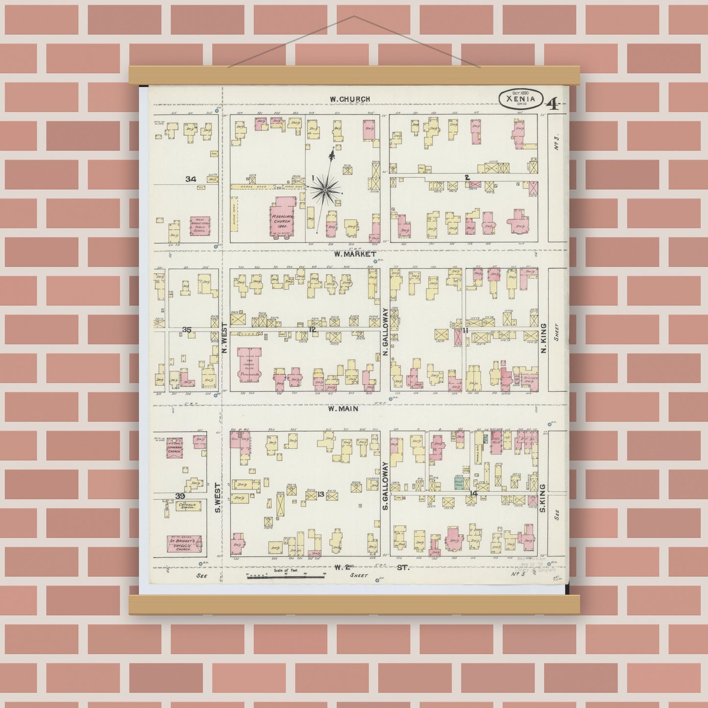 Old map wall art mockup — magnetic wood frame on brick wall — Sanborn Fire Insurance Map from Xenia, Greene County, Ohio (1890), Sheet #0004