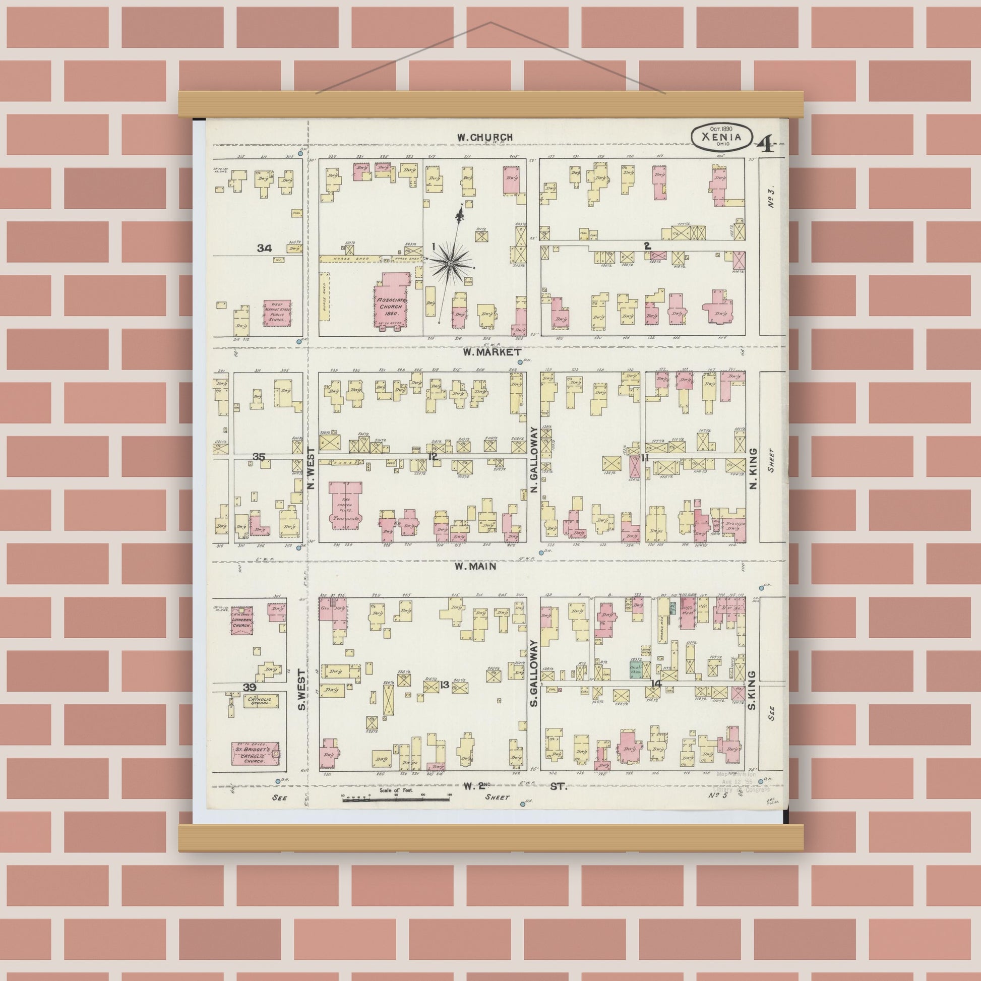 Old map wall art mockup — magnetic wood frame on brick wall — Sanborn Fire Insurance Map from Xenia, Greene County, Ohio (1890), Sheet #0004