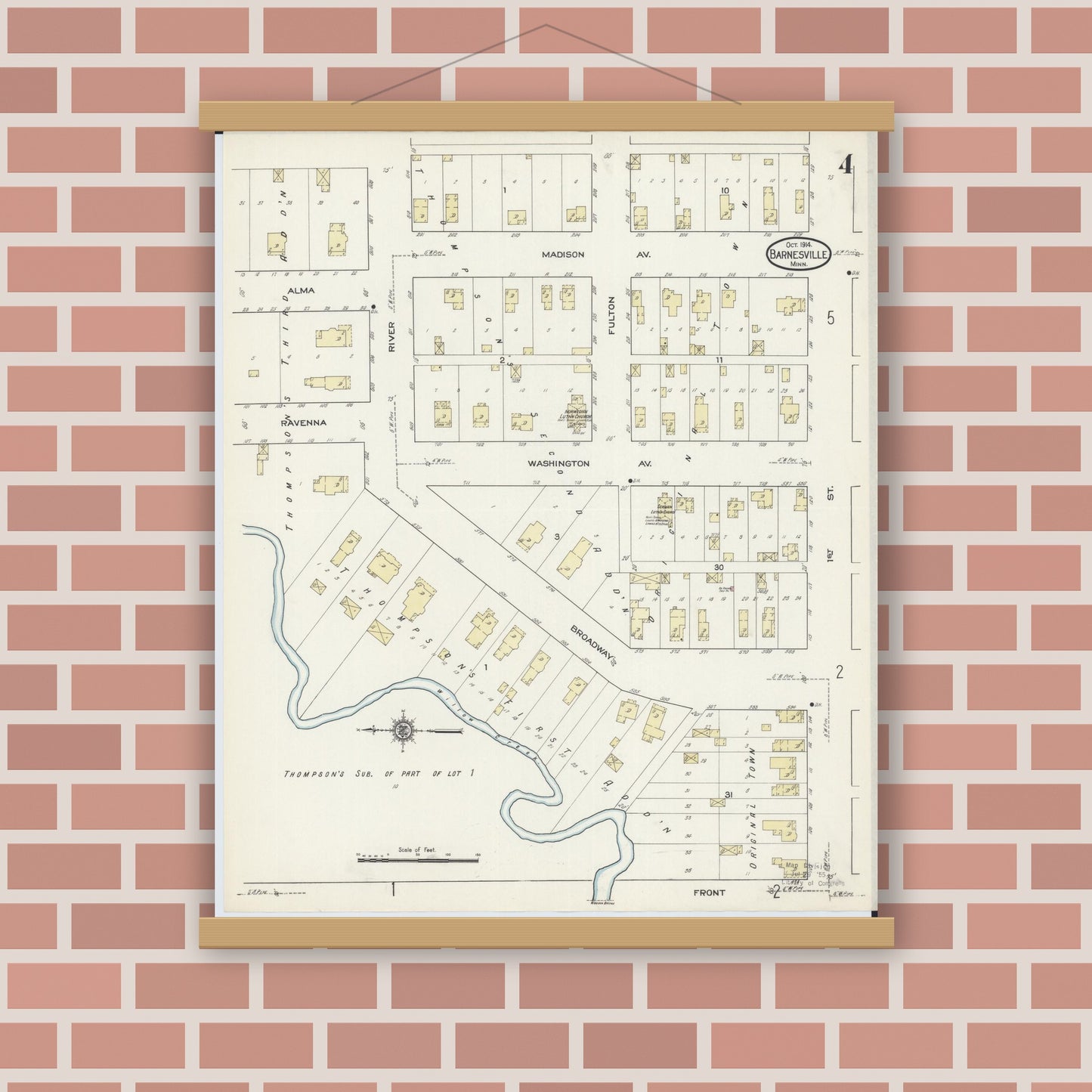 Old map wall art mockup — magnetic wood frame on brick wall — Sanborn Fire Insurance Map from Barnesville, Clay County, Minnesota (1914), Sheet #0004