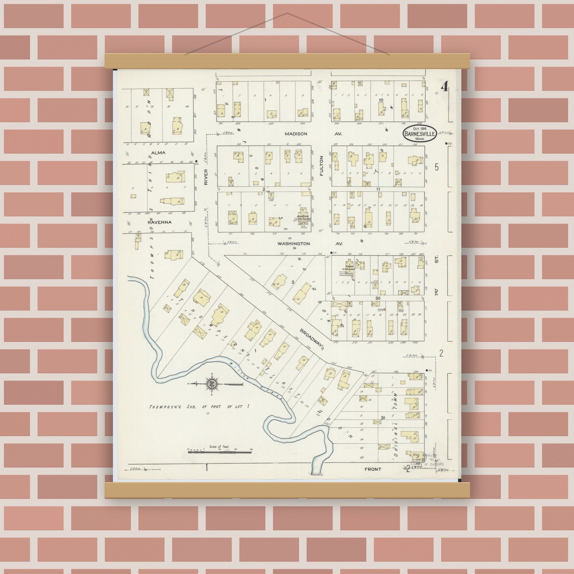 Old map wall art mockup — magnetic wood frame on brick wall — Sanborn Fire Insurance Map from Barnesville, Clay County, Minnesota (1914), Sheet #0004