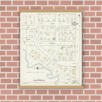 Old map wall art mockup — magnetic wood frame on brick wall — Sanborn Fire Insurance Map from Barnesville, Clay County, Minnesota (1914), Sheet #0004