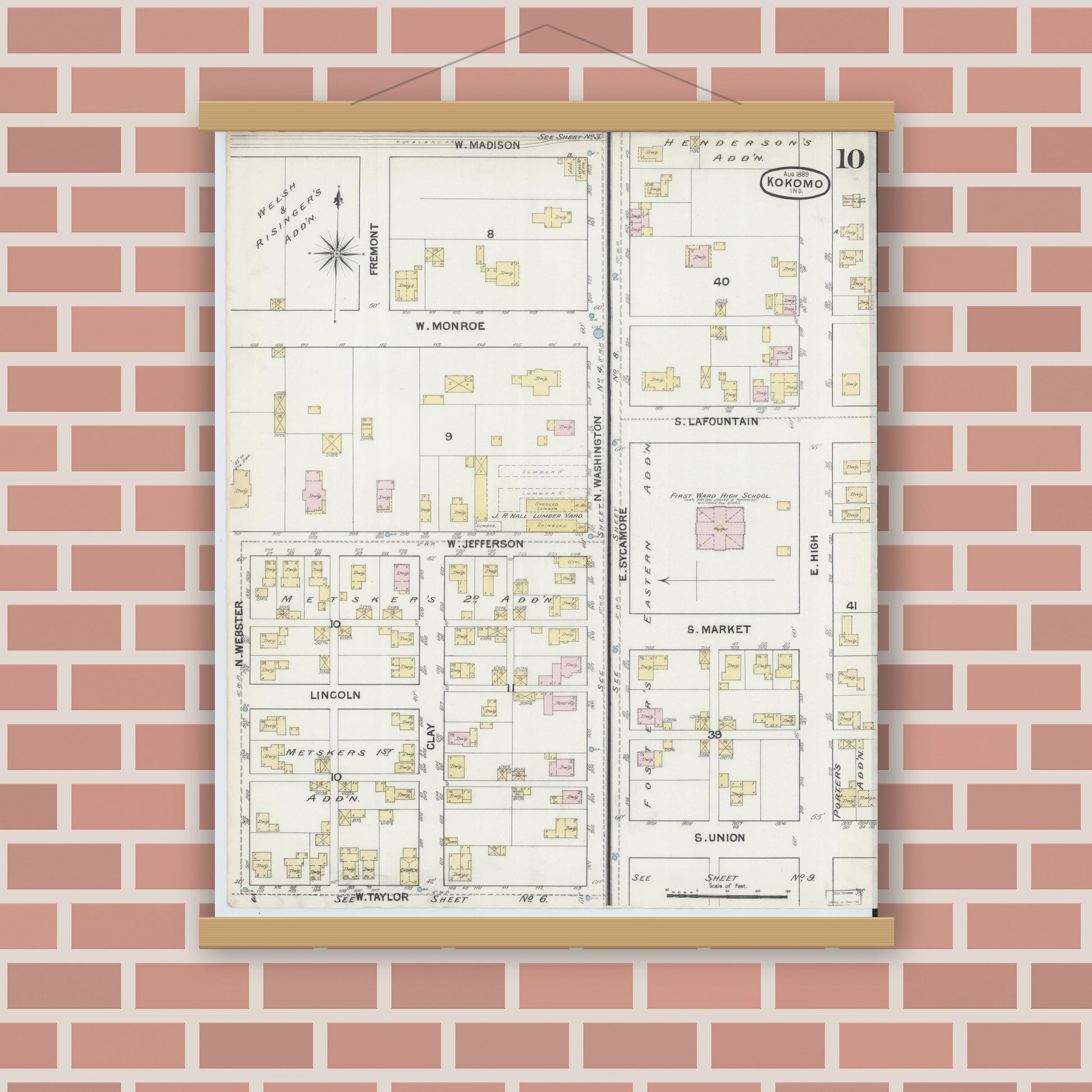 Old map wall art mockup — magnetic wood frame on brick wall — Sanborn Fire Insurance Map from Kokomo, Howard County, Indiana (1889), Sheet #0010
