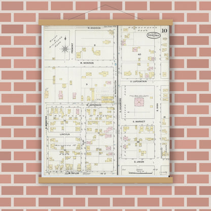 Old map wall art mockup — magnetic wood frame on brick wall — Sanborn Fire Insurance Map from Kokomo, Howard County, Indiana (1889), Sheet #0010