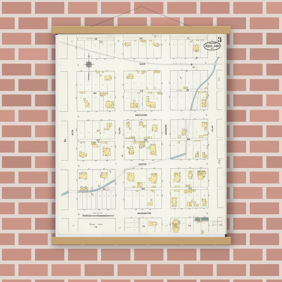 Old map wall art mockup — magnetic wood frame on brick wall — Sanborn Fire Insurance Map from Ashland, Cass County, Illinois (1909), Sheet #0003