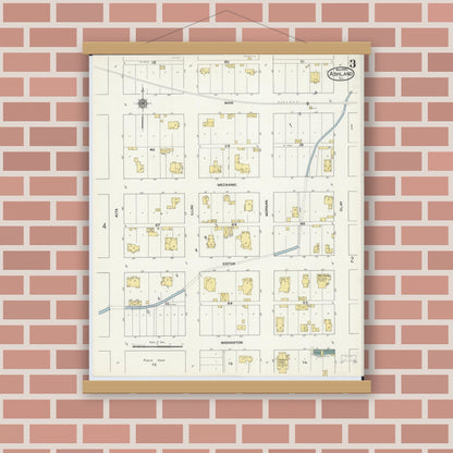 Old map wall art mockup — magnetic wood frame on brick wall — Sanborn Fire Insurance Map from Ashland, Cass County, Illinois (1909), Sheet #0003