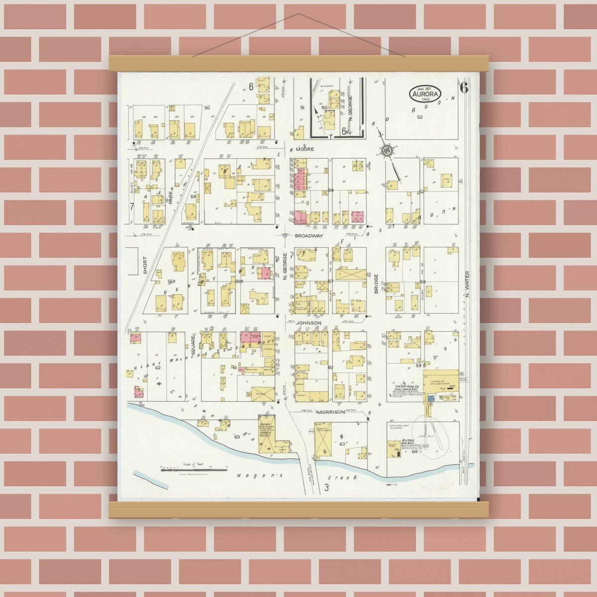 Old map wall art mockup — magnetic wood frame on brick wall — Sanborn Fire Insurance Map from Aurora, Dearborn County, Indiana (1917), Sheet #0006