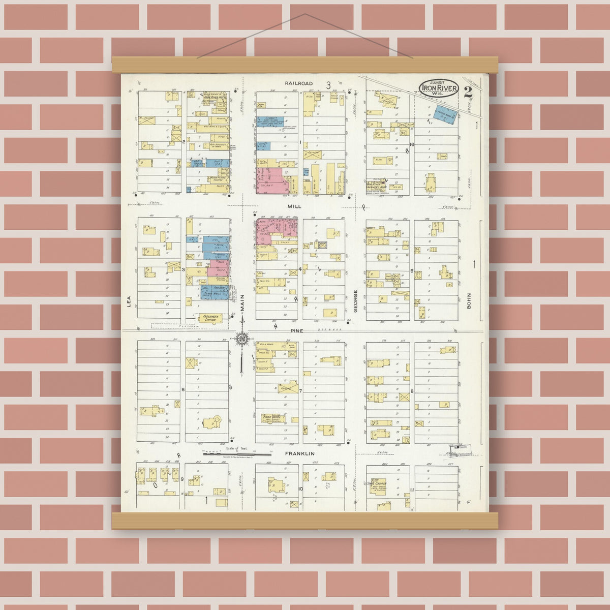 Old map wall art mockup — magnetic wood frame on brick wall — Sanborn Fire Insurance Map from Iron River, Bayfield County, Wisconsin (1917), Sheet #0002