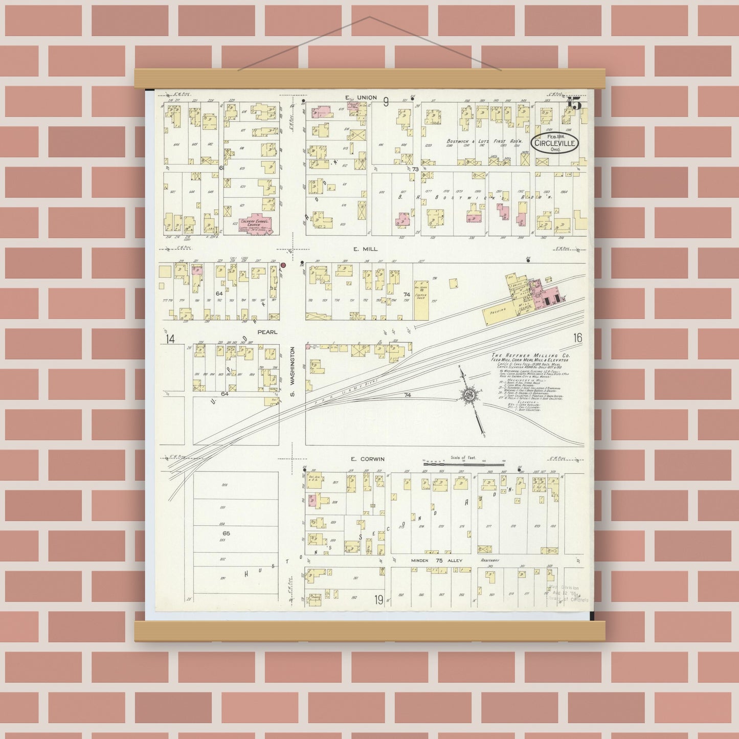 Old map wall art mockup — magnetic wood frame on brick wall — Sanborn Fire Insurance Map from Circleville, Pickaway County, Ohio (1914), Sheet #0015