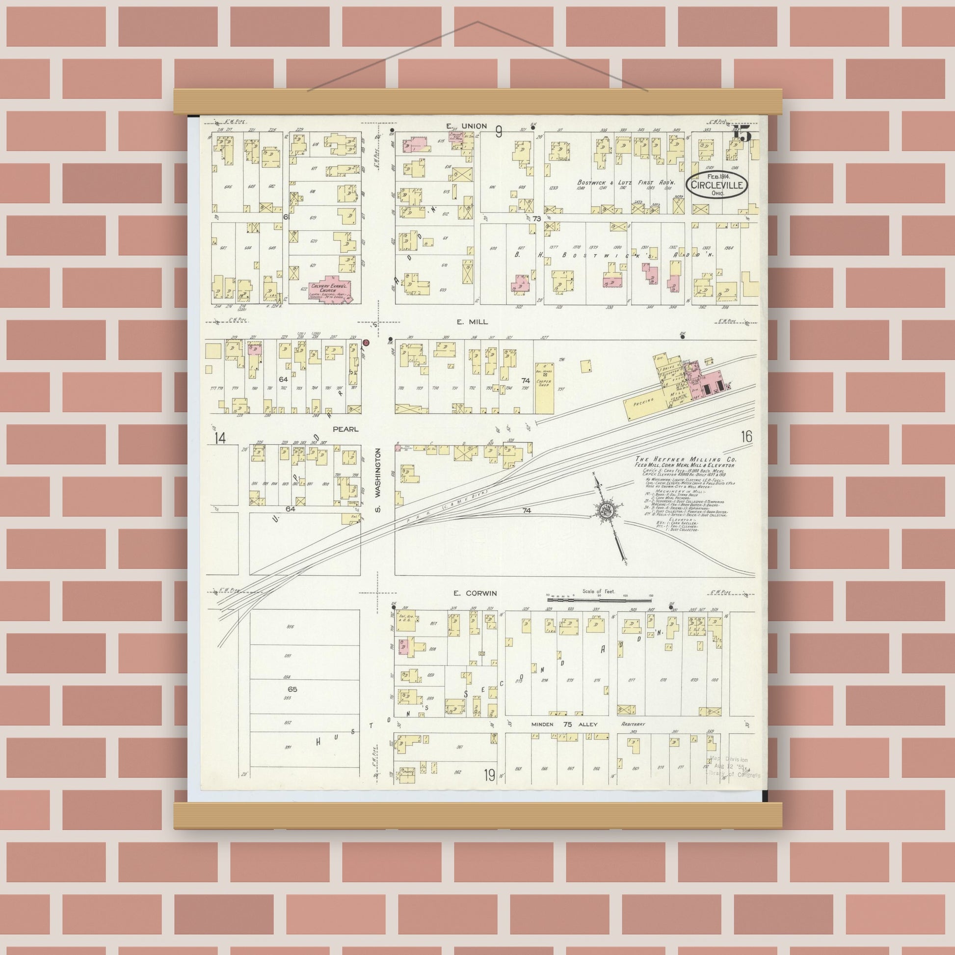 Old map wall art mockup — magnetic wood frame on brick wall — Sanborn Fire Insurance Map from Circleville, Pickaway County, Ohio (1914), Sheet #0015