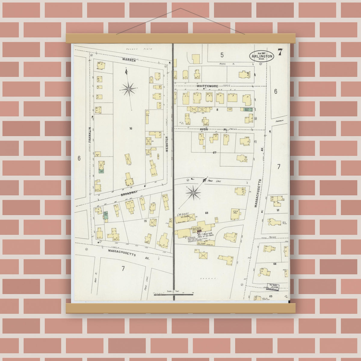 Old map wall art mockup — magnetic wood frame on brick wall — Sanborn Fire Insurance Map from Arlington, Middlesex County, Massachusetts (1897), Sheet #0007