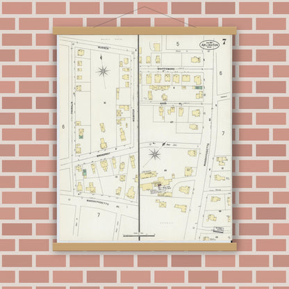 Old map wall art mockup — magnetic wood frame on brick wall — Sanborn Fire Insurance Map from Arlington, Middlesex County, Massachusetts (1897), Sheet #0007