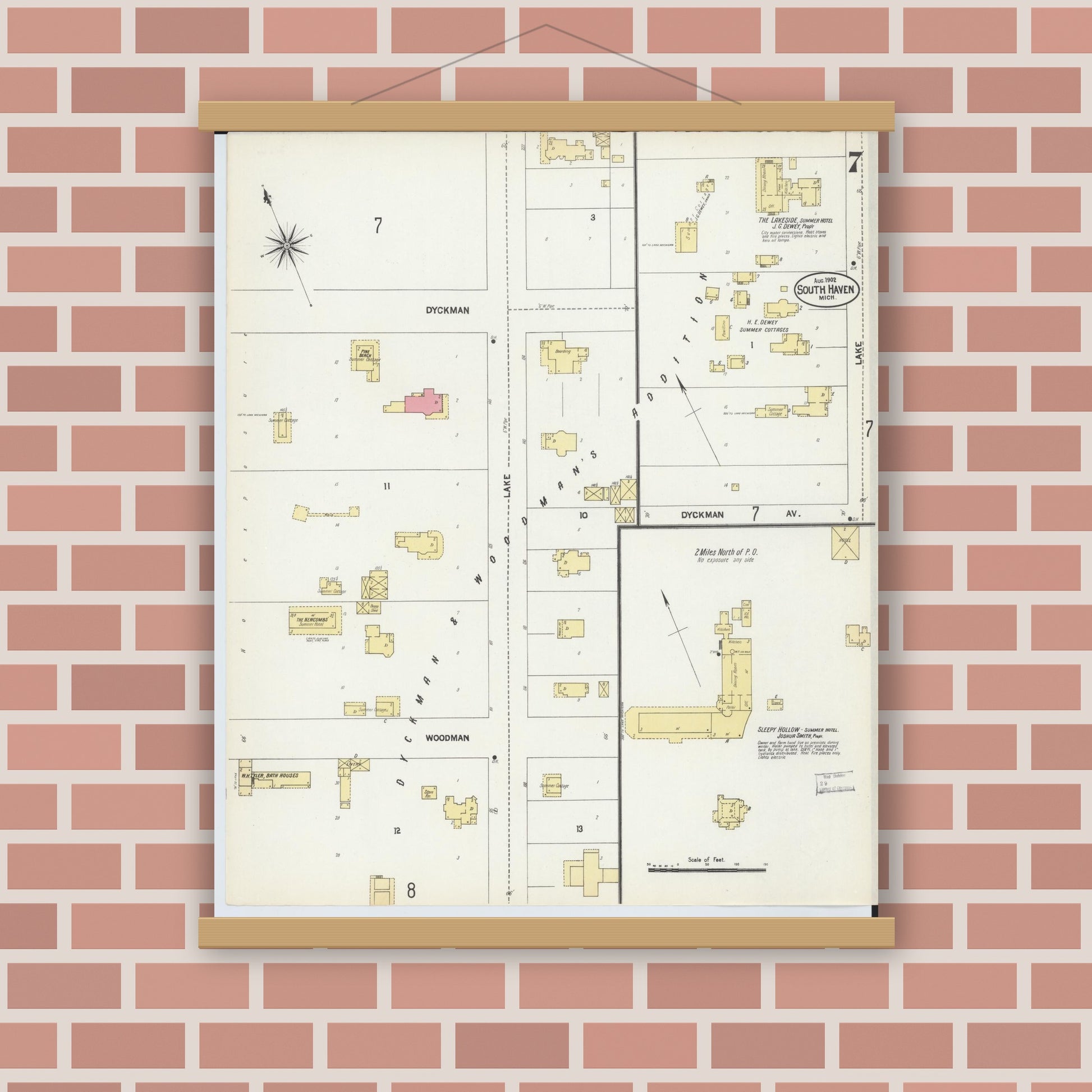 Old map wall art mockup — magnetic wood frame on brick wall — Sanborn Fire Insurance Map from South Haven, Van Buren County, Michigan (1902), Sheet #0007