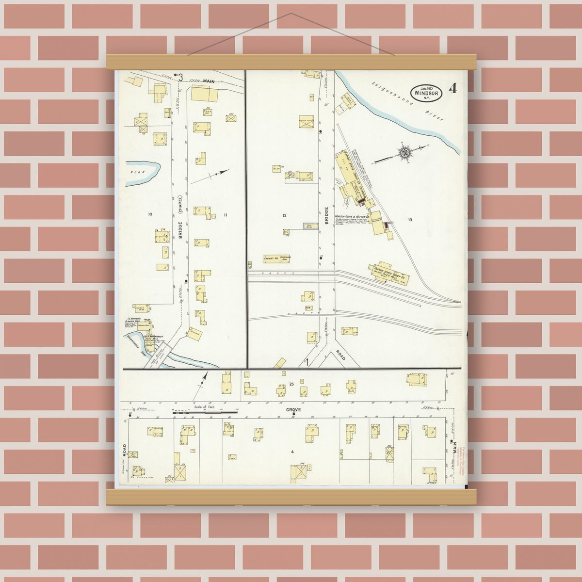 Old map wall art mockup — magnetic wood frame on brick wall — Sanborn Fire Insurance Map from Windsor, Broome County, New York (1912), Sheet #0004