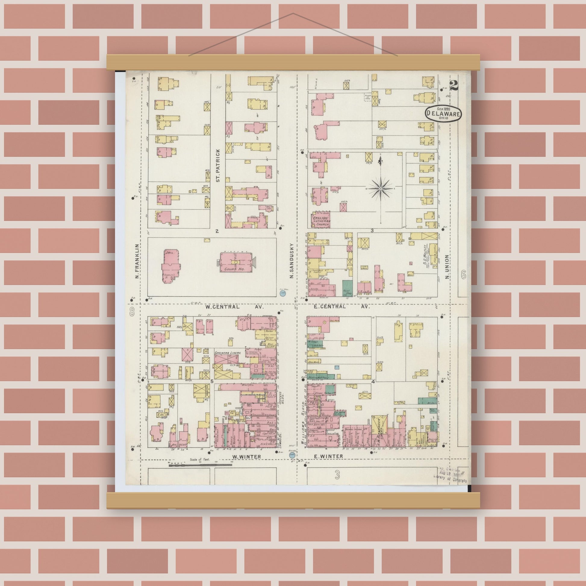 Old map wall art mockup — magnetic wood frame on brick wall — Sanborn Fire Insurance Map from Delaware, Delaware County, Ohio (1895), Sheet #0002