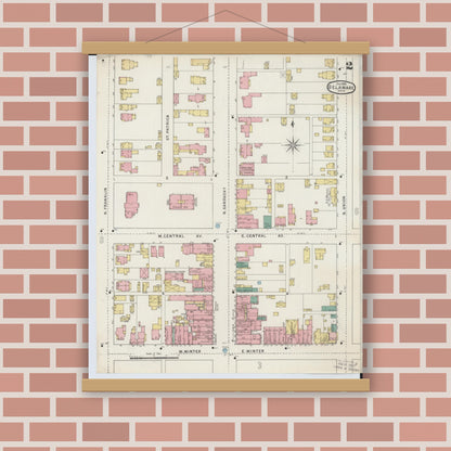 Old map wall art mockup — magnetic wood frame on brick wall — Sanborn Fire Insurance Map from Delaware, Delaware County, Ohio (1895), Sheet #0002