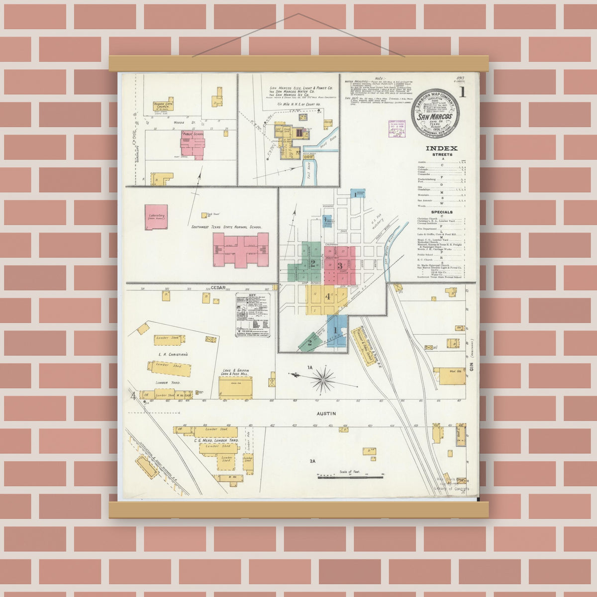 Old map wall art mockup — magnetic wood frame on brick wall — Sanborn Fire Insurance Map from San Marcos, Hays County, Texas (1906) - Complete Map Set