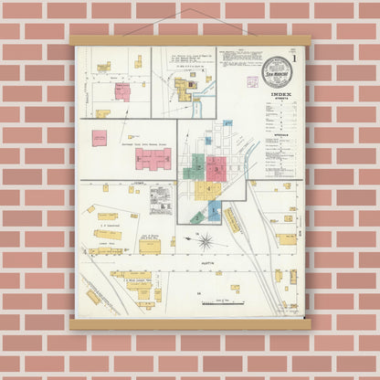Old map wall art mockup — magnetic wood frame on brick wall — Sanborn Fire Insurance Map from San Marcos, Hays County, Texas (1906) - Complete Map Set