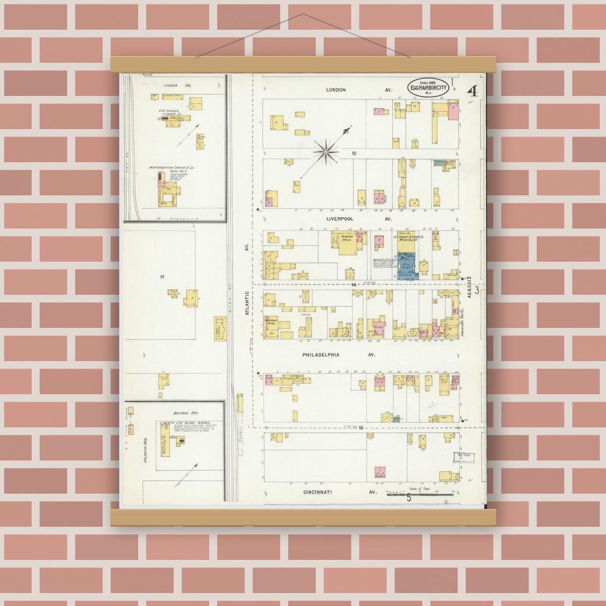Old map wall art mockup — magnetic wood frame on brick wall — Sanborn Fire Insurance Map from Egg Harbor City, Atlantic County, New Jersey (1903), Sheet #0004